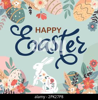 Poster mit Silhouetten von Kaninchen, Frühlingsblumen und farbigen Eiern. Flache Vektordarstellung. Weihnachtsbanner, Flyer oder Glückwunschgutschein, Broschüre Stock Vektor