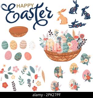 Set für das Design von Kaninchen, Frühlingsblumen und farbigen Eiern. Flache Vektordarstellung. Weihnachtsbanner, Flyer oder Glückwunschgutschein, Broschürentempel Stock Vektor