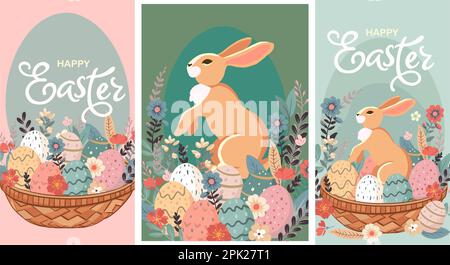 Frohe Osterbanner, Grußkarten, Poster, Weihnachtsblätter. Trendiges Doodle-Design mit Typografie, handgezeichneten Strichen, Punkten und Eiern in Paste Stock Vektor