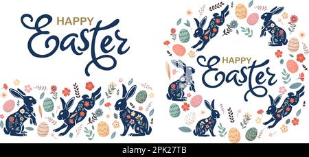 Frohe Osterbanner, Grußkarten, Poster, Weihnachtsblätter. Trendiges Doodle-Design mit Typografie, handgezeichneten Strichen, Punkten und Eiern in Paste Stock Vektor