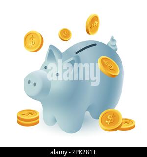 Sparschwein mit Goldmünzen 3D Cartoon-Ikone Stock Vektor