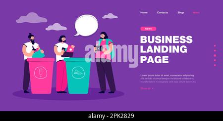 Cartoon-Mann und -Frau, die im Freien Müll in Papierkorb sortieren Stock Vektor