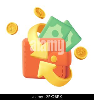 Pfeile um das Portemonnaie mit einem Cartoon-Symbol im Stil von Money 3D Stock Vektor