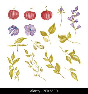 Roter Kürbis, Blumen und Blätter, handgezeichnete Aquarelle als Grußkarte oder Einladungsdesign Stock Vektor