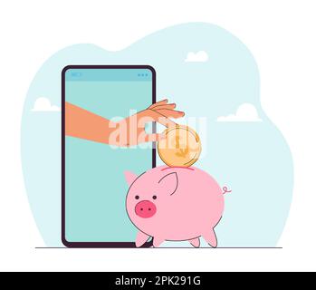 Die Hand vom Telefon wirft Dollarmünzen in die Sparschweinbank Stock Vektor