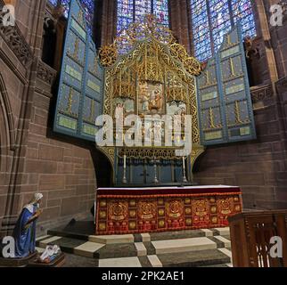 Scotts Lady Chapel, Altar, Jungfrau Maria, anglikanische Kathedrale Liverpool, St. James' Mount, Liverpool, Merseyside, England, Großbritannien, L1 7AZ Stockfoto