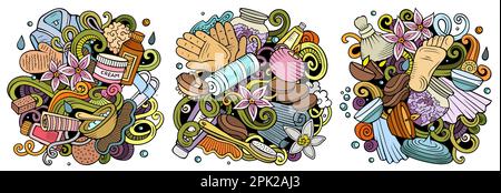 Massage-Cartoon-Vektor-Doodle-Design-Set. Farbenfrohe, detaillierte Kompositionen mit vielen Objekten und Symbolen im Spa-Salon. Isoliert auf weißen Illustrationen Stock Vektor