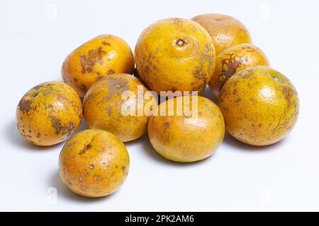 Ein Stapel von unreinen oder unvollkommenen organischen Orangen auf isoliertem weißem Hintergrund Stockfoto