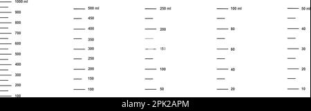 Waage mit 1 l, 500, 250, 100 und 50 ml Flüssigkeitsvolumen für Messbecher bis zur Zubereitung von Koch- oder Chemikalienkolben, isoliert auf weißem Hintergrund. Darstellung der Vektorkontur Stock Vektor