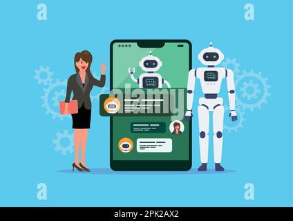 Geschäftsfrau spricht oder chattet mit Chatbot. Chat-GPT. Künstliche Intelligenz. Vektordarstellung Stock Vektor