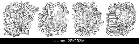 Teetime Cartoon-Vektor-Doodle-Design-Set. Strichzeichnungen detaillierter Kompositionen mit vielen Gegenständen und Symbolen für Getränke. Stock Vektor