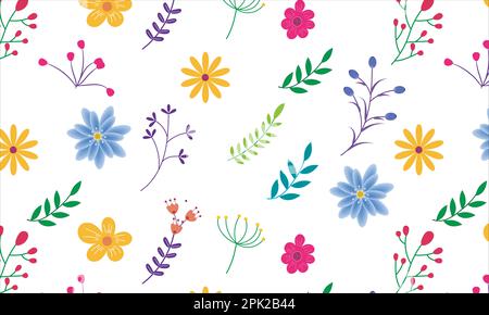 Cartoon Frühlingsblumen, Blätter und Beeren mit nahtlosem Randmuster. Isoliert auf weißem Hintergrund. Bunte Gartenblumen in einer Reihe, Blumenmuster Meer Stock Vektor