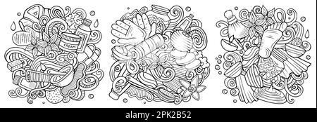 Massage-Cartoon-Vektor-Doodle-Design-Set. Strichkunst detailgetreue Kompositionen mit vielen Objekten und Symbolen im Spa-Salon. Stock Vektor