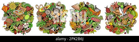 Sommer Cartoon Vektor Doodle Designs Set. Farbenfrohe, detailreiche Kompositionen mit vielen sommerlichen Objekten und Symbolen. Isoliert auf weißen Abbildungen Stock Vektor