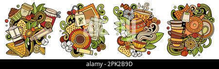 Teetime Cartoon-Vektor-Doodle-Design-Set. Farbenfrohe, detaillierte Kompositionen mit vielen Getränkeartikeln und Symbolen. Isoliert auf weißen Illustrationen Stock Vektor