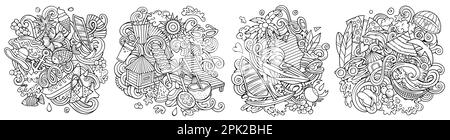 Sommer Strand Cartoon Vektor Doodle Designs Set. Skizzenhafte, detailreiche Kompositionen mit vielen sommerlichen Objekten und Symbolen. Isoliert auf weißem Illustrati Stock Vektor