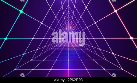 Dreieckstunnel Neon-Lichttechnologie abstrakter Hintergrund. Stockfoto