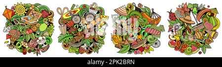 Sommer Cartoon Vektor Doodle Designs Set. Farbenfrohe, detailreiche Kompositionen mit vielen sommerlichen Objekten und Symbolen. Isoliert auf weißen Abbildungen Stock Vektor