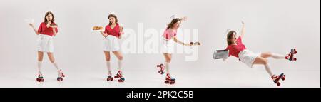 Collage mit emotional aufgeregtem jungen Mädchen, stilvolle Retro-Kellnerin im amerikanischen Stil Uniform Rollerblade auf hellem Hintergrund. Banner Stockfoto