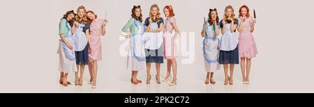 Collage mit einer Gruppe bezaubernder Hausfrauen, die Uniform im Retro-Stil im amerikanischen Stil mit hellem Hintergrund tragen. Banner Stockfoto