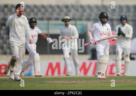 MCBrine feiert Mushfiqur Rahim Wicket am zweiten Tag des alleinigen Testspiels zwischen Bangladesch und Irland bei Sher-e-Bangla National Crick Stockfoto