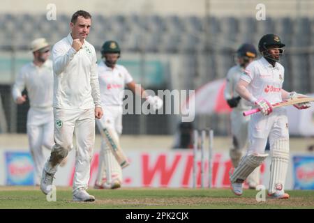 MCBrine feiert Mushfiqur Rahim Wicket am zweiten Tag des alleinigen Testspiels zwischen Bangladesch und Irland bei Sher-e-Bangla National Crick Stockfoto