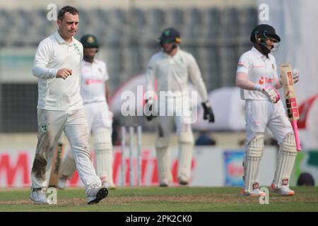 MCBrine feiert Mushfiqur Rahim Wicket am zweiten Tag des alleinigen Testspiels zwischen Bangladesch und Irland bei Sher-e-Bangla National Crick Stockfoto