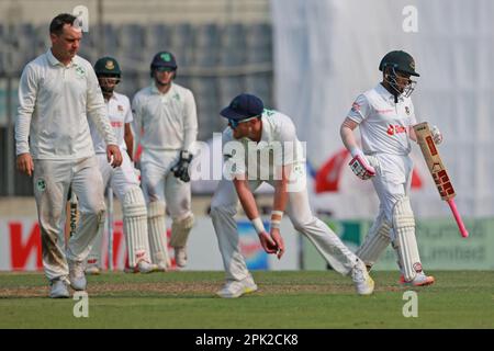 MCBrine feiert Mushfiqur Rahim Wicket am zweiten Tag des alleinigen Testspiels zwischen Bangladesch und Irland bei Sher-e-Bangla National Crick Stockfoto