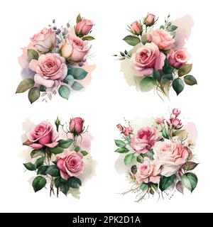 Staubige rosa Rouge, weiße und cremige Rosenblumen Vektor-Design Hochzeitssträuße. Eukalyptus, Grün. Aquarellstil mit Blumenpastelltönen. Blühender Frühling Stock Vektor