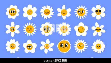 Gänseblümchen mit süßen Gesichtern Zeichentrickset Stock Vektor