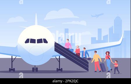 Eine Reihe von Cartoon-Passagieren, die in das Flugzeug einsteigen Stock Vektor