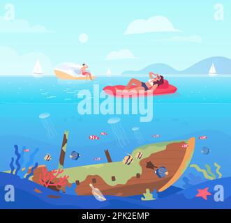 Cartoon-Leute, die sich auf dem Meer entspannen und unter Wasser versunken sind Stock Vektor