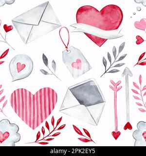 Nahtloses Aquarell-Muster auf weißem Hintergrund aus der VALENTINSTAG-Kollektion. Für Dekoration und Design. Süße Briefumschläge mit rosa Herzen, Arr Stockfoto