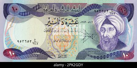 Blick auf die Beobachterseite einer 1983 ausgestellten zehn irakischen Dinar-Banknote. Es zeigt das Bild des arabischen Wissenschaftlers Ḥasan Ibn al-Haytham, lateinisiert als Alh Stockfoto
