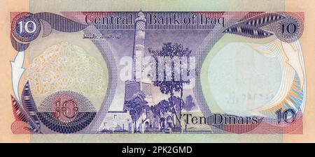 Ansicht der Reserve-Seite einer 1983 ausgegebenen zehn irakischen Dinar-Banknote. Hier befindet sich das Bild der Großen Moschee von al-Nuri, die berühmt war für ihre Lea Stockfoto