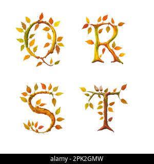3D Darstellung des stilisierten Alphabets der Herbstblattbäume – Buchstaben Q-T Stockfoto