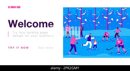 Eislaufbahn mit Leuten, die Eislaufen und Hockey spielen Stock Vektor