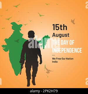 Happy Independence Day of India mit einem auffälligen Farbschema, das die Nationalfarben Indiens repräsentiert, eine Illustration der indischen Armee, Karte. Stock Vektor