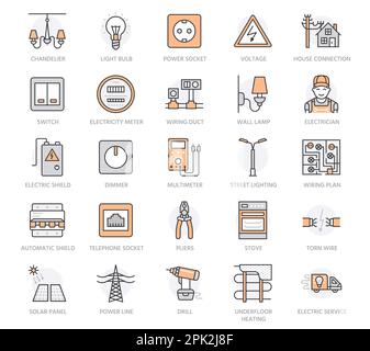 Symbole für elektrische Konstruktionsvektoren mit flachen Linien. Elektrische Geräte, Steckdose, gerissenes Kabel, Energiezähler, Lampe. Elektriker-Schilder, Haus Stock Vektor