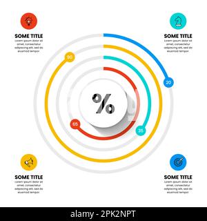 Infografik-Vorlage mit Symbolen und 4 Optionen oder Schritten. Kreis und Prozentsätze. Kann für Workflow-Layout, Diagramm, Banner, webdesign verwendet werden. Vektor il Stock Vektor