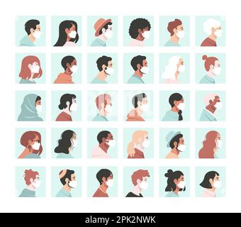 Covid 19 Avatare setzen verschiedene Menschen in schützende Coronavirus Maske Flachvektor Illustration Stock Vektor