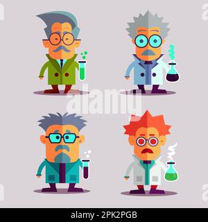 Eine Reihe von verrückten Wissenschaftlern in einem Vektorfilm. Arzt mit Reagenzgläsern und Gift. Lustige Figuren isoliert im Hintergrund. Stock Vektor