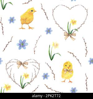 Willow Chicken und Ei, nahtloses Aquarellmuster für osterferien, natürliches Gelb Stockfoto