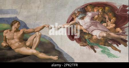 Erschaffung von Adam Fresco, Decke, Sixtinische Kapelle, Buonarroti Michelangelo, 1511-1512, Vatikanische Museen, Rom, Italien, Stockfoto