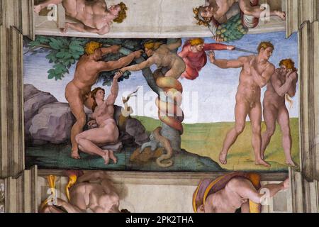 Fall und Ausstieg vom Garten Eden, 1509-10, Fresko, Decke der Sixtinischen Kapelle, von Buonarroti Michelangelo, Vatikanische Museen, Rom, Italien, Stockfoto