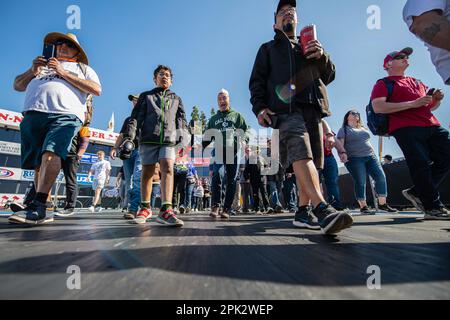 Pomona, Usa. 02. April 2023. Fans dürfen die beiden Spuren erkunden, auf denen die Dragster um das Finale der Weltmeisterschaften antreten werden. Professionelle Dragster-Rennfahrer treffen sich landesweit zu den Lucas Oil NHRA Winternationals, die 63. Jahre in Folge auf der in-N-Out Burger Pomona Dragstrip stattfinden. Die Fahrer kämpften über einen Zeitraum von drei Tagen, der am 31. März begann und am 2. April endete. Sie kämpften um die Titel in jeder Abteilung. Kredit: SOPA Images Limited/Alamy Live News Stockfoto