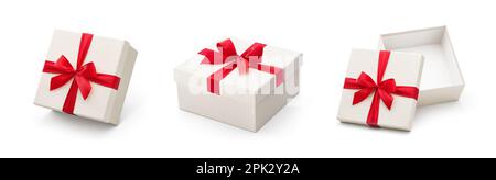 Set weißer Geschenkboxen isoliert auf weißem Hintergrund Stockfoto