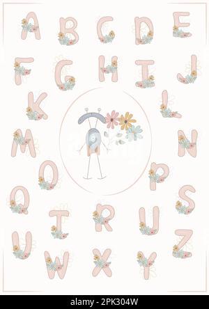 Von Hand gezeichnete Blumendrucke, ABC-Poster, pädagogische Illustration für Kinder mit niedlichem Monster, Wandgemälde für den Kindergarten, Beige Buchstaben, Schulkind Stockfoto