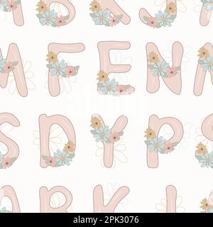 Handgezeichnete Blumen, Nahtloses Alphabet, handgezeichnetes ABC-Wiederholpapier, endloses pädagogisches Muster für Kinder, Hintergrund im Kinderzimmer, Beige Buchstaben, Stockfoto