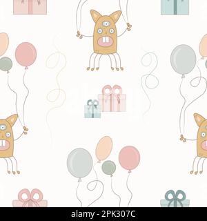 Frohe Feiertage, Nahtmuster. Monster farbenfrohe Silhouette Kopfgesicht Icon Set und Box mit Geschenk, Ballons. Süßer Cartoon Kawaii gruseliger, lustiger Baby-Chara Stockfoto